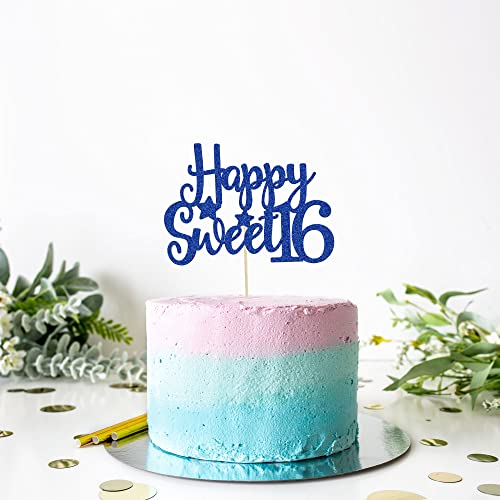 1Pc Happy Sweet 16 Cake Topper Blue Glitter Sweet 16 Birthday Cake Decoration Happy 16th Birthday Decorations for Girls Boys Party Supplies