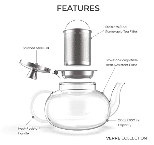 Glass Teapot Stovetop Compatible Kettle with Stainless Steel Removable Infuser (27 Ounce)