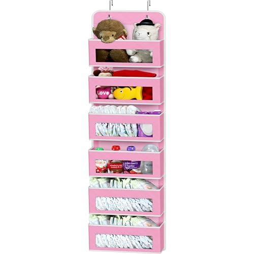 6 Clear Window Pocket Over Door Hanging Organizer (6 Pockets / Pink)