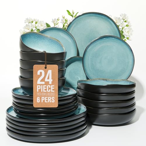 24 Pieces Dinnerware Set for 6 with Pasta Bowls (Green Black / Set (24pcs-6))
