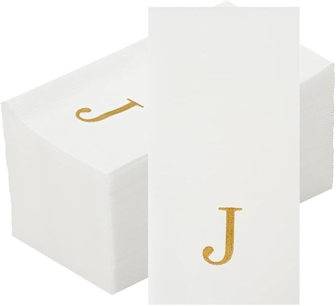 Luxenap 15.8 X 7.9 Inch Linen-Feel Guest Towels, 2000 Lettered Hand Towels - Gold Letter 'J', Sans Serif Font, White Paper Dinner Napkins, airlaid, For Restrooms And Tables