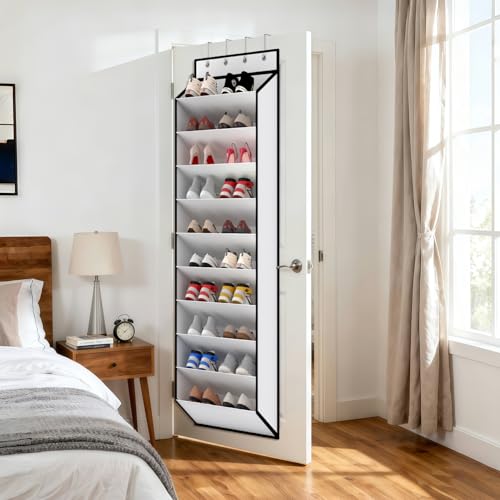 10 Tiers White Over Door Shoe Organizer Storage (White-1 Pack of 10 Pockets)