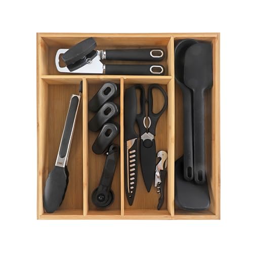 Bamboo Kitchen Utensil Set with Drawer Organizer (Black / 18 Piece Gadget Set)