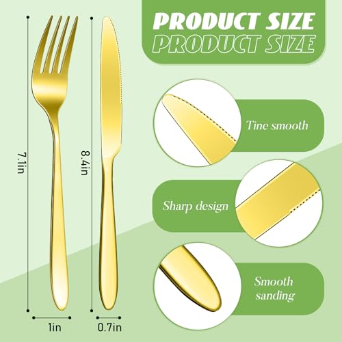 50 Pieces Stainless Steel Forks Silverware Set Dinner Forks and Knives Flatware Tableware Cutlery Set for Kitchen Restaurant (7.1 x 1 Inch, 8.4 x 0.7 Inch / Gold)