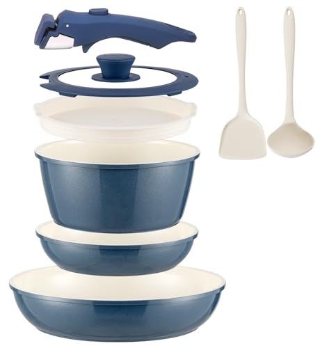 8Pcs Pots and Pans Set Nonstick Ceramic Cookware Set Removable Handle Induction Kitchen Cooking Set with Frying Pans and Sauce Pan (Blue)