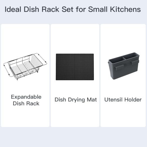 Grey Expandable Dish Drying Rack Over Sink with Extra Drying Mat (Gray / For 11.5"-16" W Sink with Cup Holder & Mat)