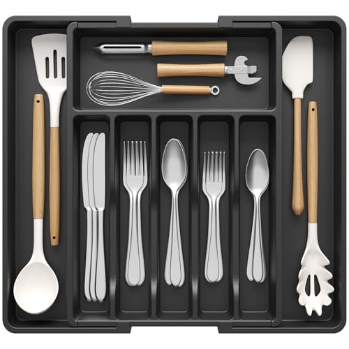 Extra Large Silverware Drawer Organizer (Black / XL Deep (13-22''W x 16.7''D))