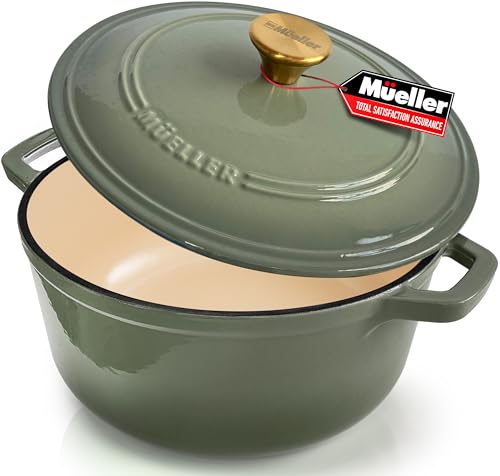 MUELLER HOME 7.5 Quart Enameled Cast Iron Dutch Oven For Sourdough Bread Baking (7.5 Quart -Round / Thyme Green)