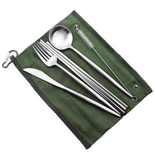 Reusable Travel Utensils (Green Pouch / Silver)