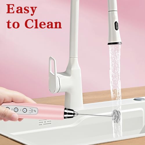 Milk Frother Wand Rechargeable Handheld Whisk Coffee 3 Speed Adjustable (Frother with stand / Pink)