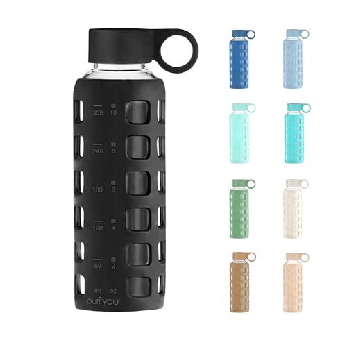 40oz / 32oz / 22oz / 12oz Borosilicate Glass Water Bottle with Time & Volume Markers, Silicone Sleeve, Stainless Steel Lid | Reusable Glass Bottle for Water & Juice (12oz Jet Black) (Jet Black (1 Count) / 12 Ounces)