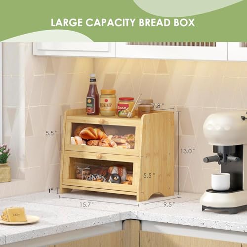 Double Layer Bread Box Container for Kitchen Countertop Homemade Bread (Natural Bamboo / 2 Tier-Medim)