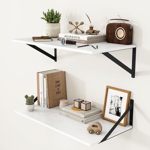24W x 12D Deep Floating Shelves Set of 2 White (White With Black Metal Bracket / 24wx12dx5.8h)