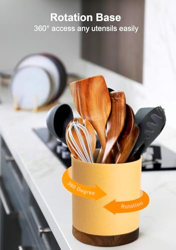 Ceramic Rotating Kitchen Utensil Holder for Countertop (Yellow Sand)