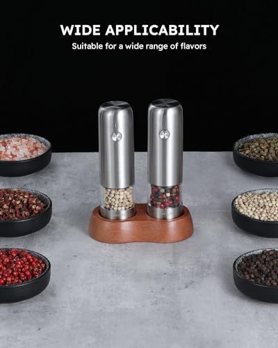 Mini Electric Salt and Pepper Grinder Set with Wood Base (MINI / Silver)
