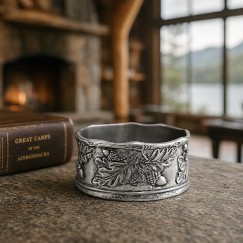Wine Bottle Coaster Handcraft Pewter Acorn and Oak Leaf Pattern Heirloom Quality 5 inch Diameter x 2.25 inch Tall