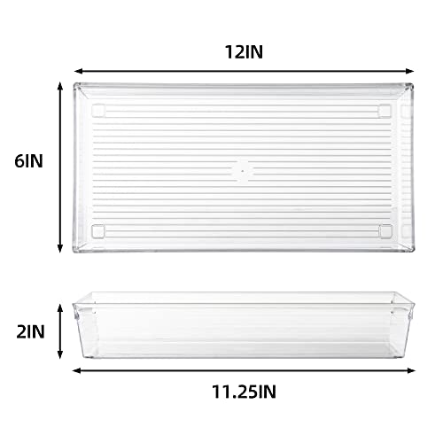 4 Pack 12"x 6" Large Size Clear Plastic Desk Drawer Organizer Tray Bathroom Office Kitchen Utensils Silverware Gadgets Dividers Desk Drawer Storage Bins Container for Dresser Cosmetic Makeup (12 in x 6 in x 2 in)