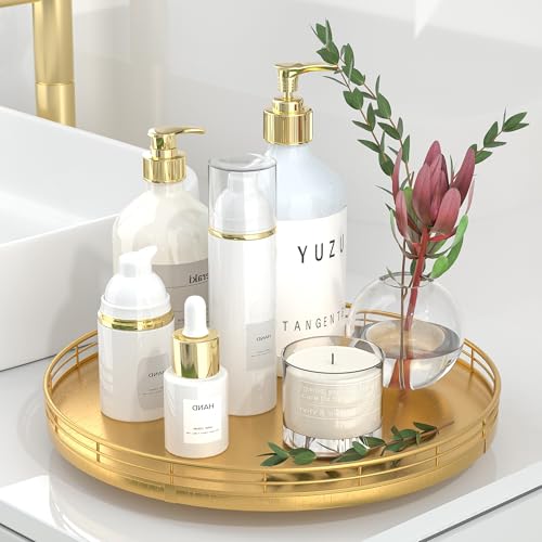 12 Inch Oak Lazy Susan Decorative Tray with Gold Metal Rail (Golden / 12)