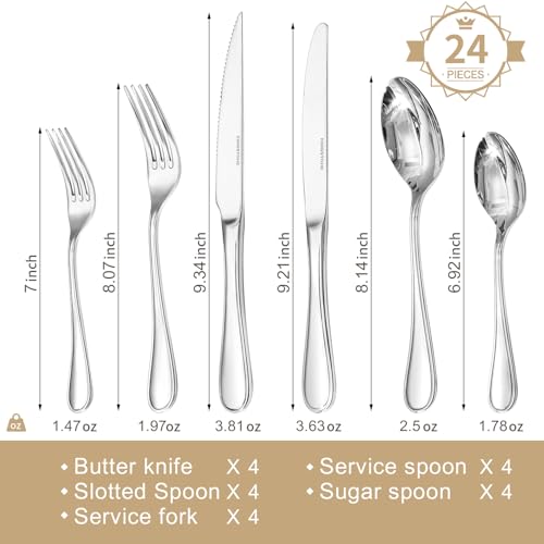24 Piece Silverware Set for 4 with Steak Knives (Silver / 24-Piece)