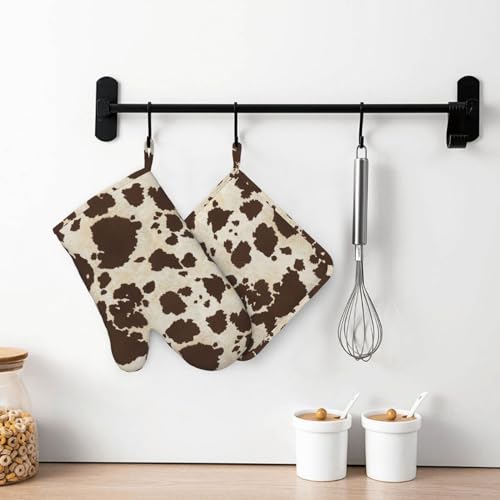 Brown Cowhide Oven Mitts and Pot Holders Sets Silicone Brown Cow Print Kitchen Mitts Cowhide Skin Pattern Potholders Heat Resistant 4Pcs Oven Gloves Hot Pads for Kitchen Baking Cooking (Brown Cow Print)