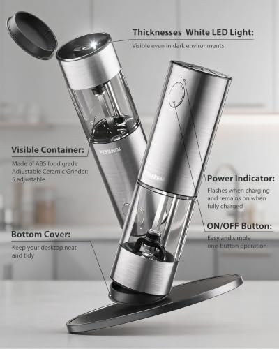 Larger Capacity Rechargeable Electric Salt and Pepper Grinder Set (2 Count)