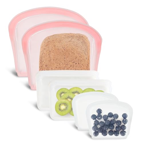 Reusable Silicone Storage Bag (6P Flat - Rose Quartz & Clear / 6Pcs- 2x7oz/ 2x14oz/ 2x28oz)