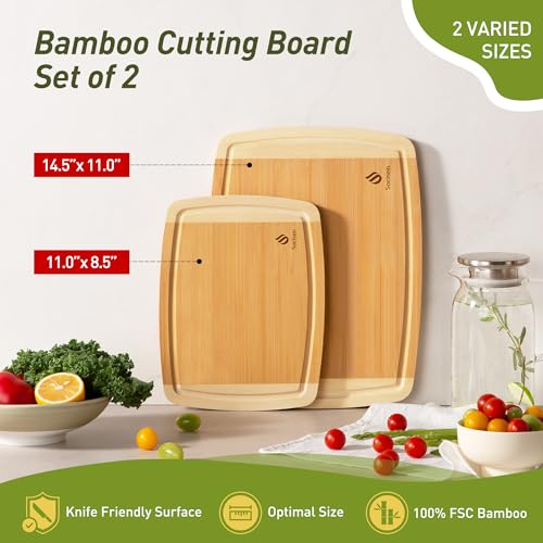 Bamboo Cutting Board Set Non Slip Feet Over Sink Brides Her Wedding Day Bridal Shower Engaged Engagement Hostess Couple Newly Wed House Christmas Married Future Mrs fiancee Unique Cool Gifts (2-Piece / Two-Tone Bamboo)
