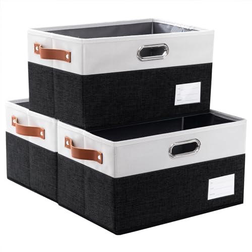 Foldable Storage Bins with Handles [3 (Black & Cream / Large(3-Pack))