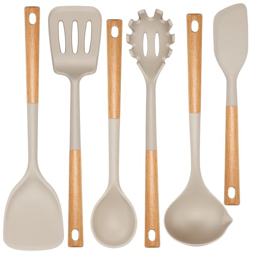 6 Pcs Silicone Kitchen Utensils Set Wood Handle BPA (Khaki-A / 6 Piece)