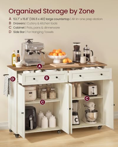 Mobile Kitchen Wooden Island Cart with Storage for Dining Room (Rustic White + Honey Brown / 15.8"D x 53.7"W x 35.1"H)