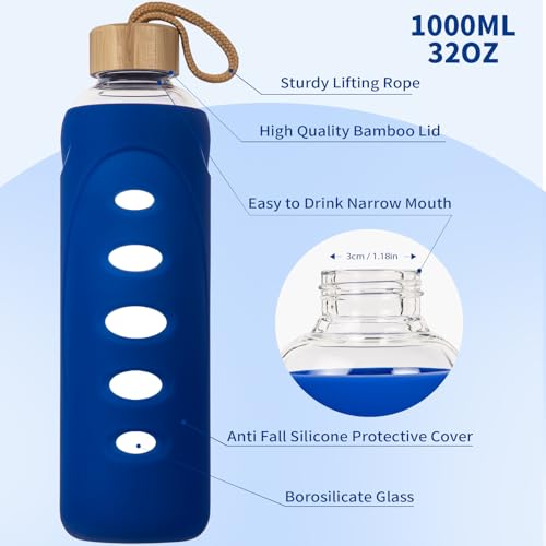 32 oz Narrow Mouth Glass Water Bottle with Windowed Silicone Sleeve (Blue)