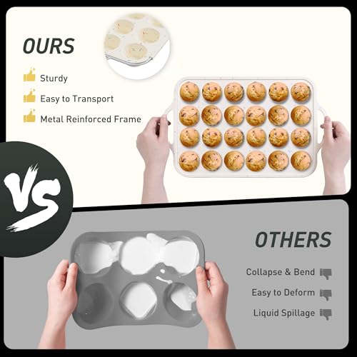 24 Cups Silicone Muffin Pan with Metal Reinforced Frame Mini Size Cupcake Pan Tray Egg Bites Silicone Circle Cookie Molds Muffin Tin Tart Pans Non Stick Toxic Oven Safe Baking Sheet Set (Mini / Cream)