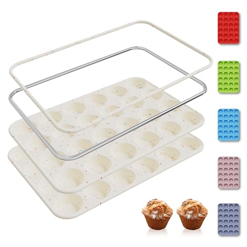 2 Pack 24 Cups Silicone Mini Muffin Pan with Metal Reinforced Frame Silicone Molds Cupcake Cake Baking Cheesecake Pans Cookie Baking Chocoflan Cupcake Mold Mini Bundt Cake Pan Women Gift (2pc: 24-Cup Mini / Cream)