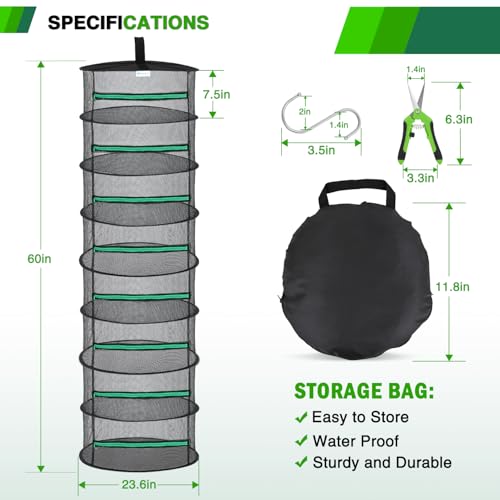 8 Layer Herb Drying Rack Hanging Mesh Net Foldable Plant Drying Racks 24" w Green Zipper Pruning Shears Hook Dryer Hanging Rack for Herbs Seed Bud Fruit Clothes Grow Tent Closets Garden Outdoor
