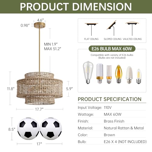 17.7" Rattan Chandelier for Dining Room (Gold / 17.7" 4-Light)