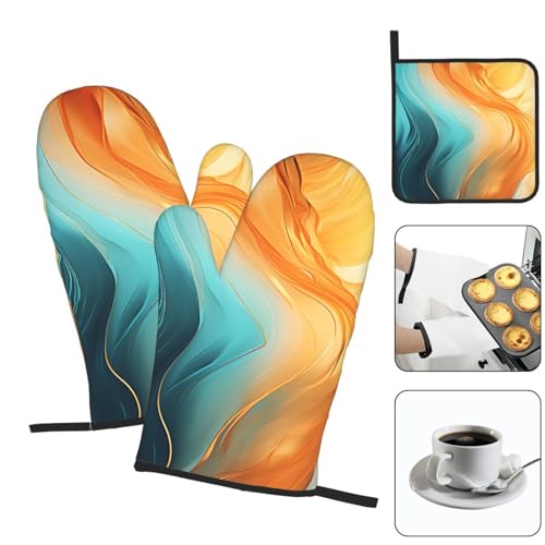 Orange Teal Marble Oven Mitts and Pot Holders Sets of 3 (Orange Teal)