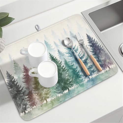 Pine Tree Dish Drying Mat Natural Forest Fog Microfiber Dishes Pad 18x24 Inch Absorbent Fast Dry Dish Drainer Rack Mats for Kitchen Counter (Pine / 18x24 inch)