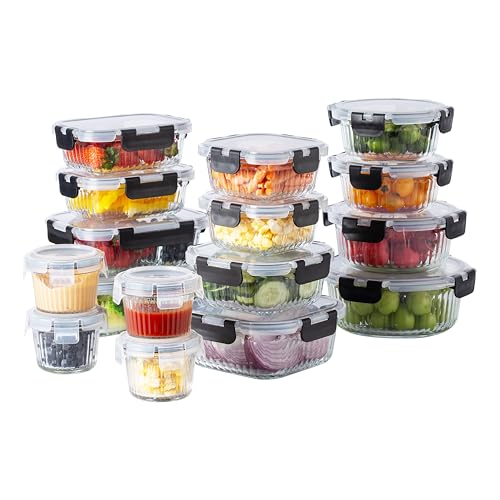 Premium 32 Pc. Borosilicate Glass Food Container Set with Dividers (Fluted Ombre Black)