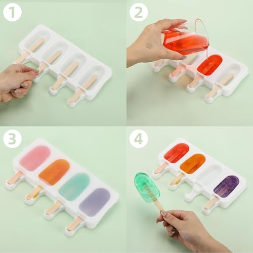 3 Set Small Popsicles Molds with Lids and 100 Pieces Wooden Popsicles Sticks (White / Small Size)