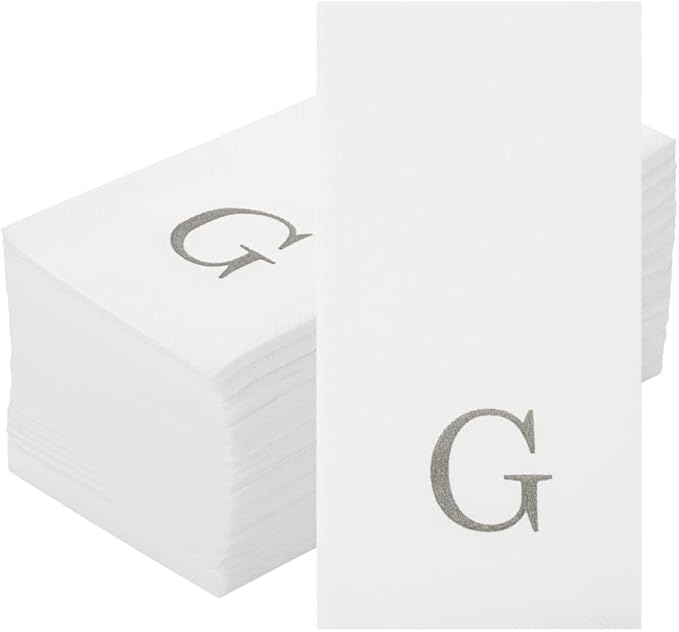 Luxenap 15.8 X 7.9 Inch Linen-Feel Guest Towels, 50 Lettered Hand Towels - Silver Letter 'G', Sans Serif Font, White Paper Dinner Napkins, airlaid, For Restrooms And Tables - Restaurantware