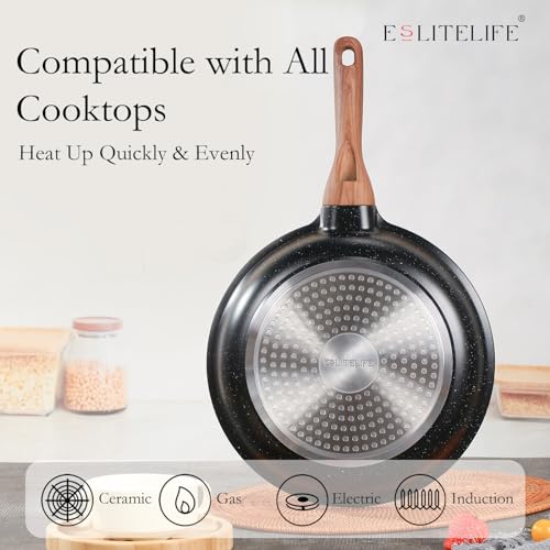 Nonstick Ceramic Frying Pans Skillets Set with Lids (8"+9.5"+11" Set w/Lids / Black)