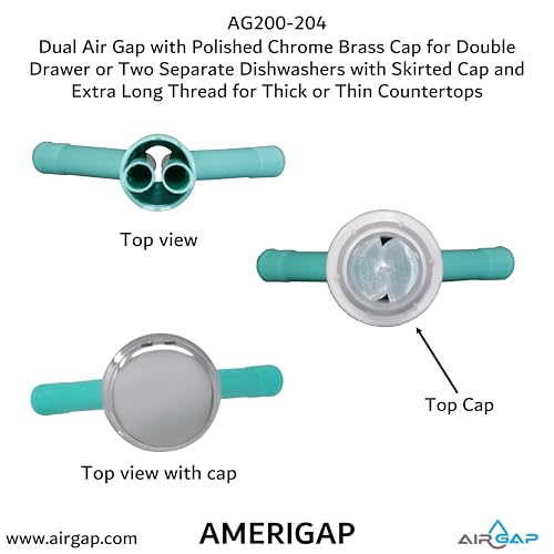 Dual Air Gap with Polished Chrome Brass Cap for Double Drawer or Two Separate Dishwashers with Skirted Cap and Extra Long Thread for Thick or Thin Countertops (AG200-204)