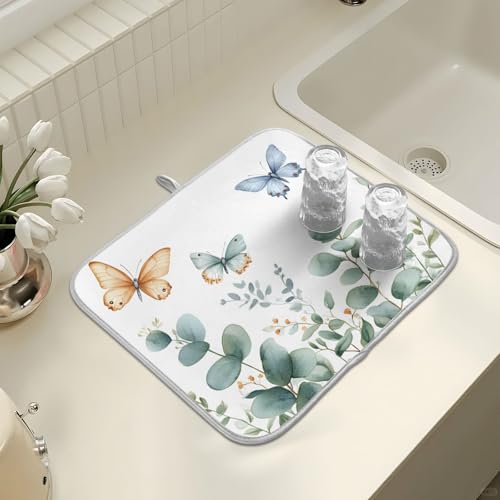 Spring Eucalyptus Green Leaf Dish Drying Mat for Kitchen Counter Absorbent Microfiber Small Drying Pad Dish mats for Kitchen Countertops 16 x 18 Inch (Green Leaf / 18" x 16")