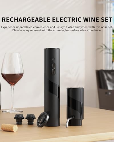 Electric Wine Bottle Opener Set Rechargeable 6 (Premium Black / Electric Wine Aerator Set)