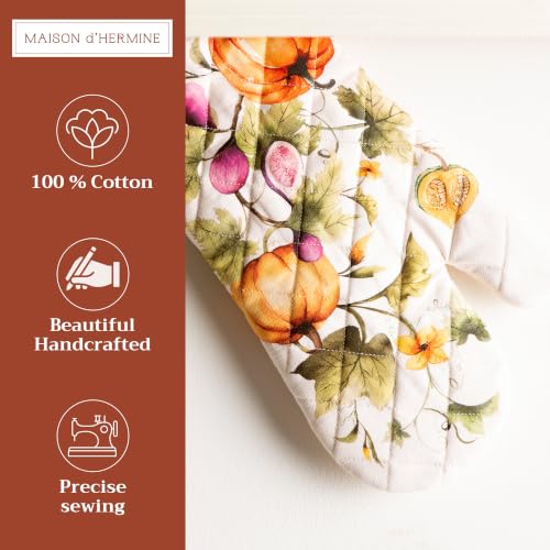 Maison d'Hermine Oven Gloves 100% Cotton Oven Mitt (069 - Pumpkin Garden - Cloudy Cream / 7.5" x 13" (Oven Mitt))