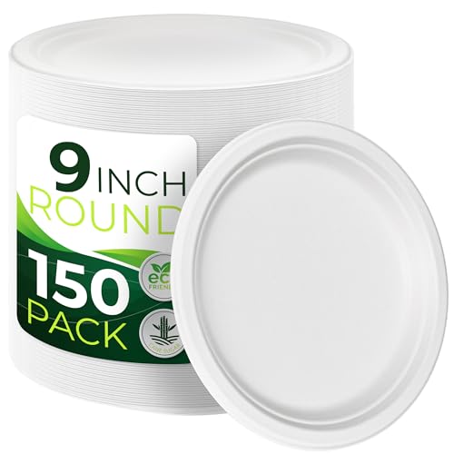 150pcs 100% Compostable 9in Paper Plates (White / 9in(150count))