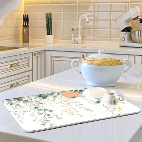 Green Sage Leaves Dish Drying Mat for Kitchen Counter Absorbent Microfiber Drying Pad (18" x 24")