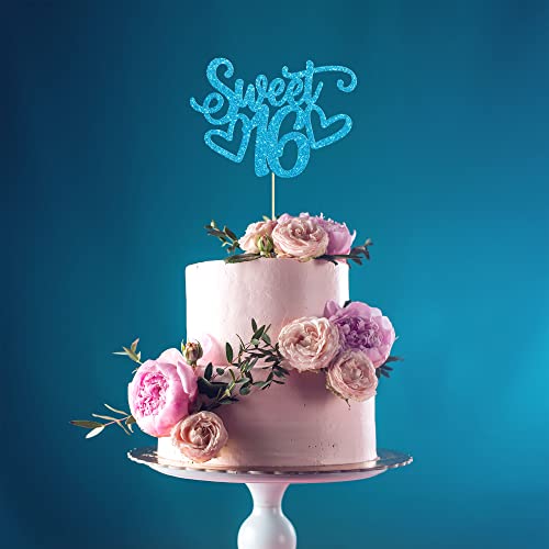 1Pc Sweet Teenager 16 Cake Topper Glitter 16th Birthday Cake Pick for Cheers to 16 Years Old 16th Birthday Party Cake Decorations Supplies Light Blue