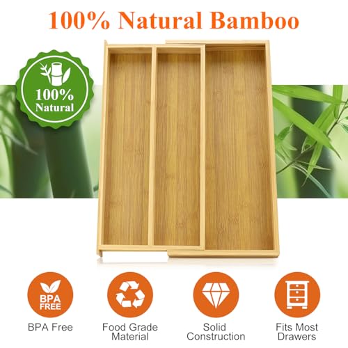 Large Bamboo Kitchen Utensil Drawer Organizer Expandable Silverware Tray ((8"-12.6")x 15.7" / Bamboo)