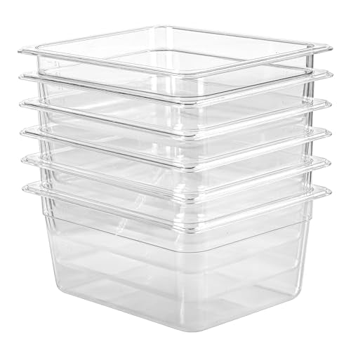 Half Size Food Containers 6 Pack 6 Inch Deep Hotel Pan Clear BPA free Polycarbonate Stackable Food Storage Container for Kitchen Business and Food Serving (1/2 Size / 6" Deep)